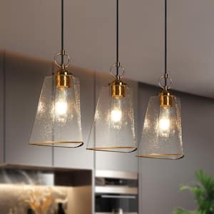 Modern 3-Light Brass Gold Cluster Linear Chandelier with Triangle Bell Textured Water Glass Shades for Kitchen Island