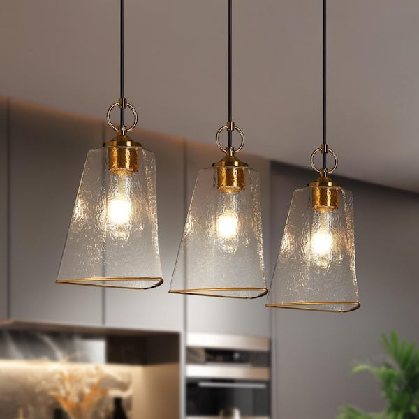 LNC Modern 3-Light Brass Gold Cluster Linear Chandelier with Triangle Bell Textured Water Glass Shades for Kitchen Island