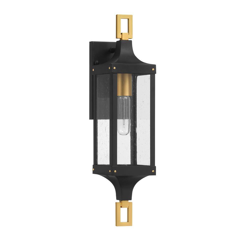 Matte Black and Brass Outdoor Wall Lantern with Clear Seeded Glass