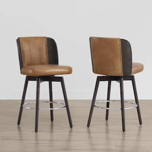 Lysander 26.4 in. Camel Swivel Counter Height Bar Stool with Leather Seat, Bentwood Back and Wood Frame (Set of 2)