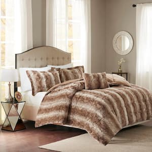 Marselle 4-Piece Tan Animal Print Faux Fur Polyester Full/Queen Comforter Set