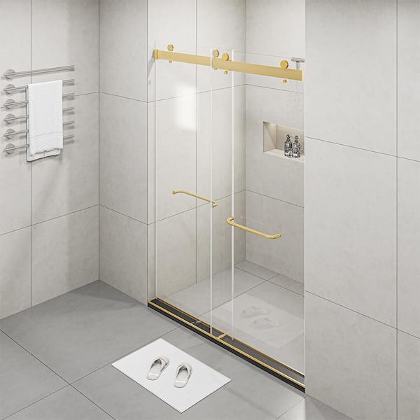 56 in. - 60 in. W x 76 in. H Double Sliding Frameless Shower Door in Brushed Gold Soft-Closing and 3/8 in. Clear Glass