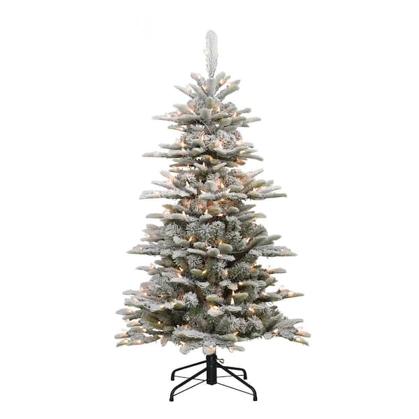Puleo International Pre-Lit 4.5 ft. Slim Flocked Aspen Fir Artificial Christmas Tree with 200 Lights, Green