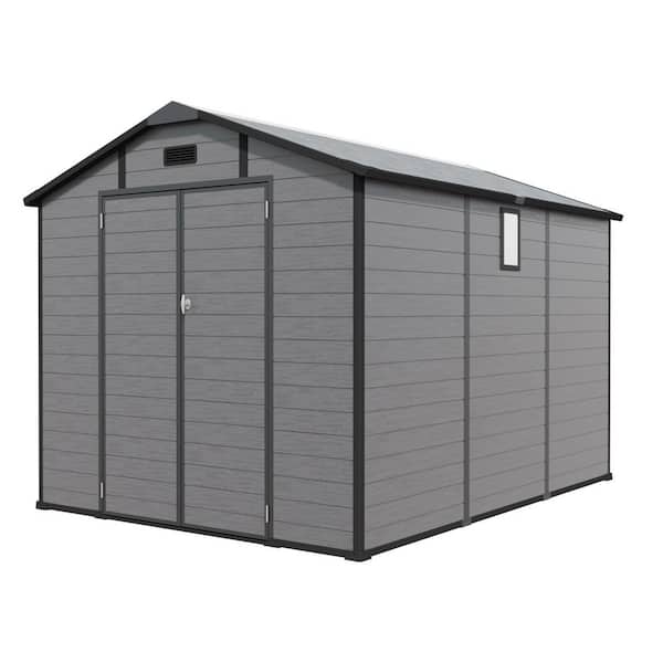 8 ft. W x 10 ft. D Plastic Outdoor Storage Shed - Lockable Resin Tool Shed with 2 Windows and Floor, Dark Gray