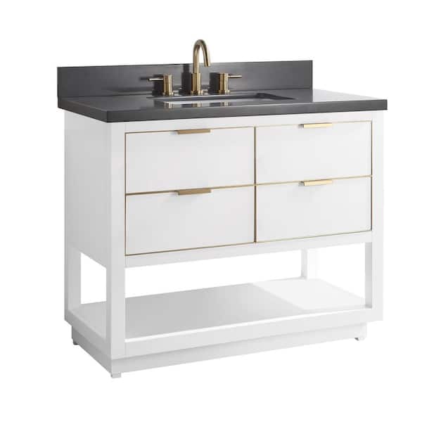 Allie 43 in. Single Sink White with Gold Trim Bath Vanity with Gray Quartz Top