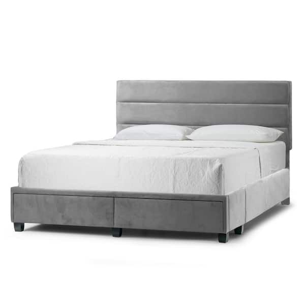Glamour Home Arnia Silver Gray King Upholstered Headboard Bed Captain's Bed with 2-Storage Drawers