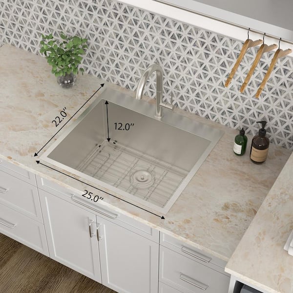 16-Gauge Stainless Steel 25 in. Single Bowl Right Angle Drop-In Kitchen Sink Laundry Basin with Bottom Grid
