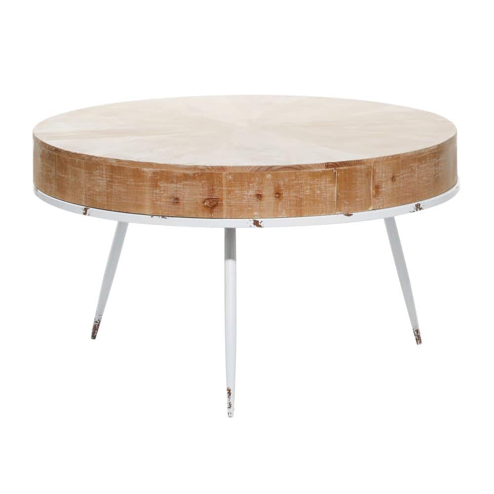 Modern Minimalist Round Coffee Table with White Distressed Iron Legs, 32"W