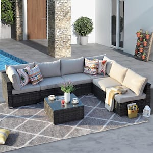 Messi Gray 7-Piece Wicker Outdoor Patio Conversation Sectional Sofa Set with Beige Cushions