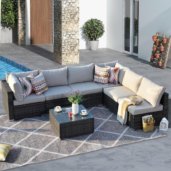 HOOOWOOO Messi Gray 7-Piece Wicker Outdoor Patio Conversation Sectional Sofa Set with Beige Cushions