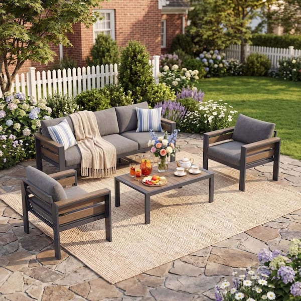 grey patio dining set with umbrella MFSTUDIO 5 Piece Outdoor Set, Metal Table & Aluminum Chairs, cut umbrella holes All-weather Outdoor HDPE Poly 32"