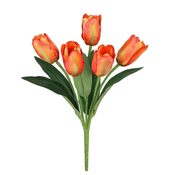 12 in. Orange Artificial Tulip Flower Stem Bush Bouquet (Set-6)