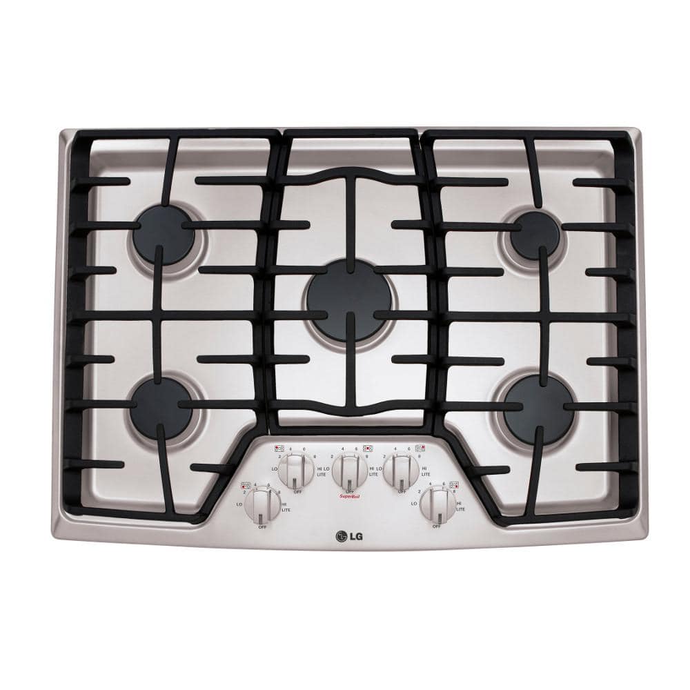 LG 30 in. Recessed Gas Cooktop in Stainless Steel w/5 Burners Including 17K SuperBoil Burner, Heavy Duty Cast Iron Grates, Silver