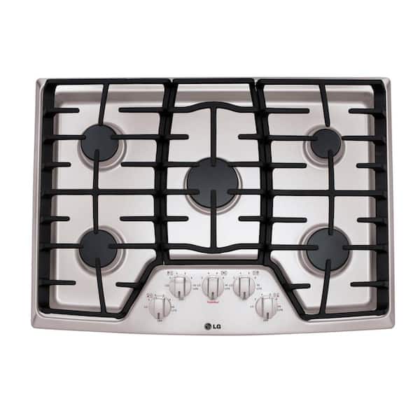 LG 30 in. Recessed Gas Cooktop in Stainless Steel w/5 Burners Including 17K SuperBoil Burner, Heavy Duty Cast Iron Grates