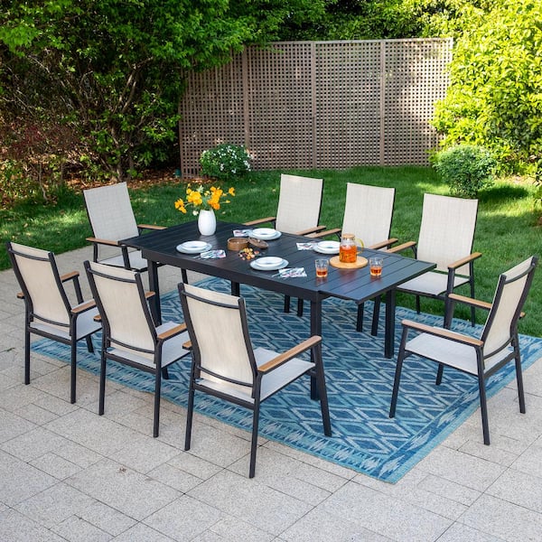 PHI VILLA Black 9-Piece Metal Outdoor Patio Dining Set with Extendable Table and Stackable Aluminum Chairs