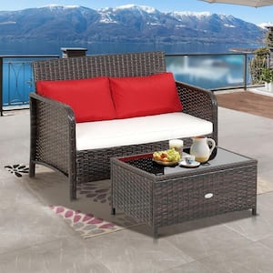2-Piece Wicker Outdoor Loveseat Set with Coffee Table and Off White Cushions
