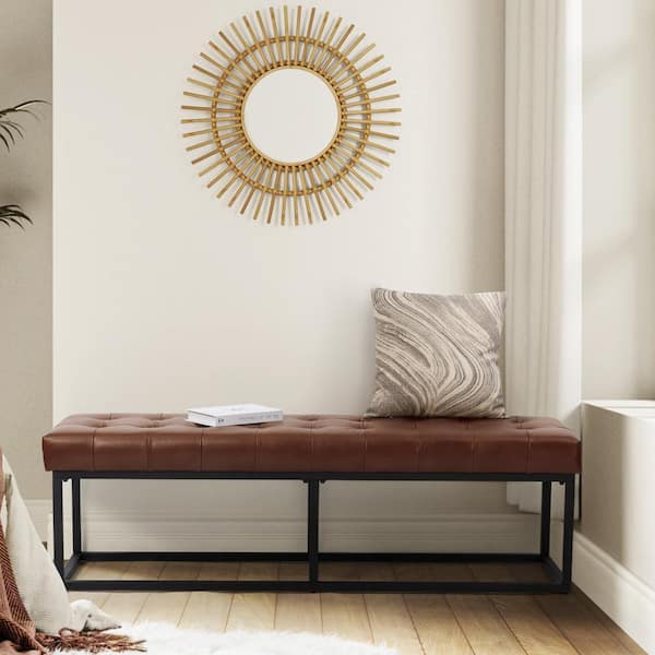JAYDEN CREATION Gabino Brown 60 in. Genuine Leather Bedroom Bench with Metal Base