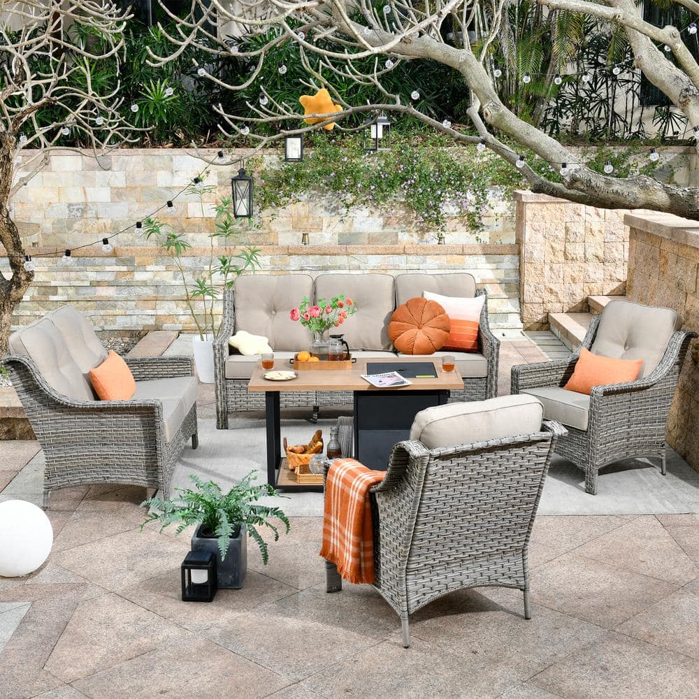 Verona Grey 5-Piece Wicker Outdoor Patio Conversation Sofa Loveseat Set with a Storage Fire Pit and Beige Cushions -  HOOOWOOO, SFP-PDL605