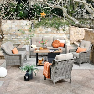 Verona Grey 5-Piece Wicker Outdoor Patio Conversation Sofa Loveseat Set with a Storage Fire Pit and Beige Cushions