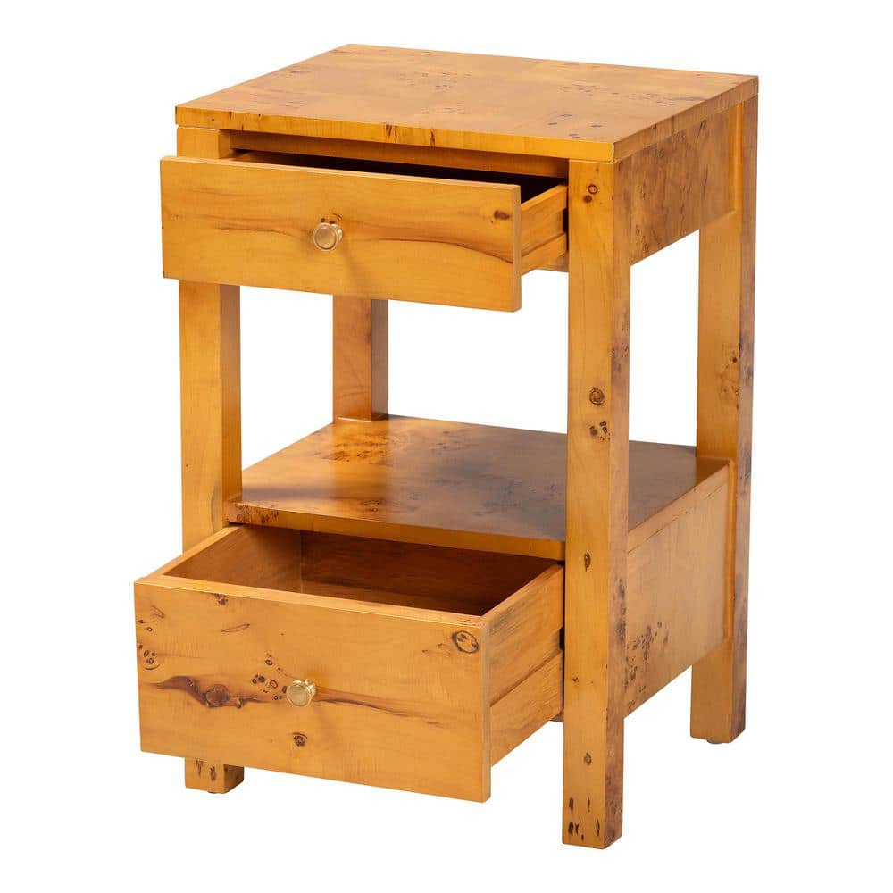 Azmi Natural Light Burl Wood 2-Drawer Nightstand with Open Shelf