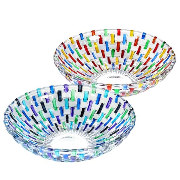 Set of 2 Multicolor 10 in Glass Fruit and Salad Bowls with Decorative Retro Design Decoration Fashioned