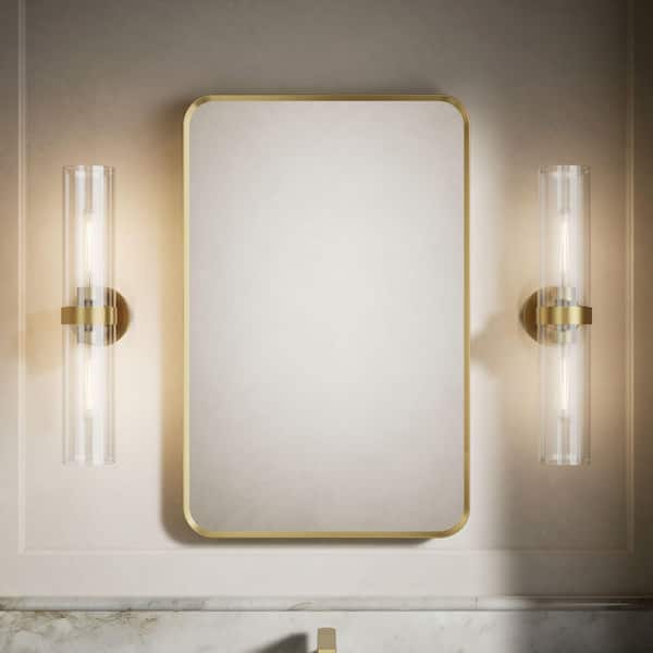 Verdera 22 in. W x 34 in. H Rectangular Framed Moderne Brushed Gold Recessed/Surface Mount Medicine Cabinet with Mirror