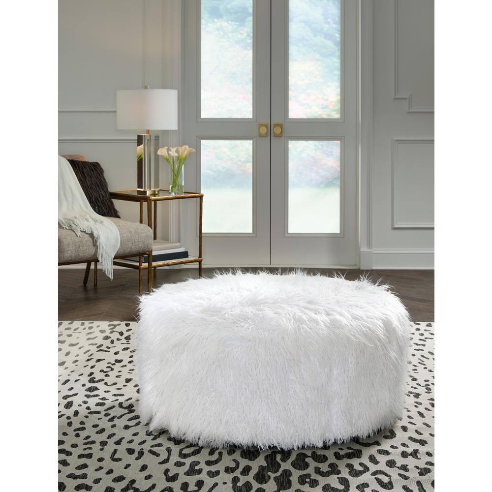 White Faux Fur Round Oversized Accent Ottoman