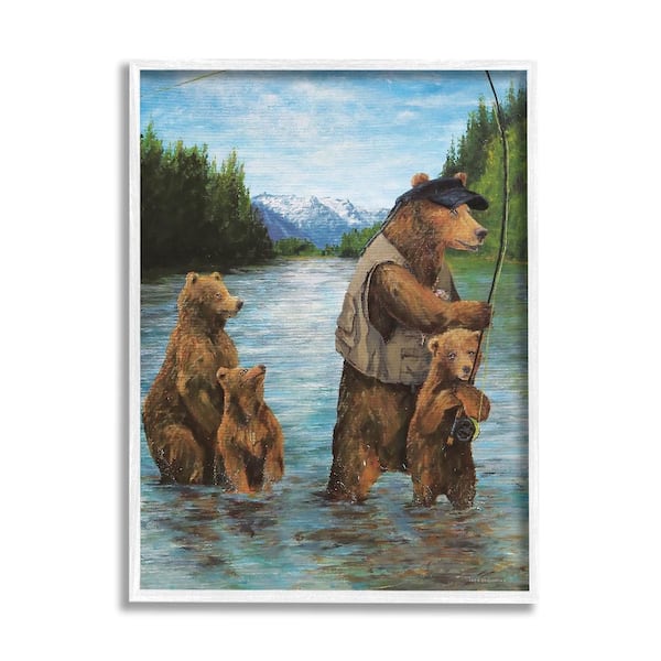 Stupell Industries Grizzly Bear Family Fishing Landscape by Kamdon Kreations 1-Piece White Framed Animal Giclee Art Print 14 in. x 11 in.