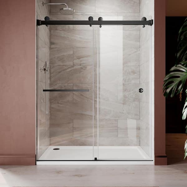 UKD01 61 to 65 in. W x 76 in. H Double Sliding Frameless Shower Door in Matte Black, EnduroShield 3/8 in. Clear Glass