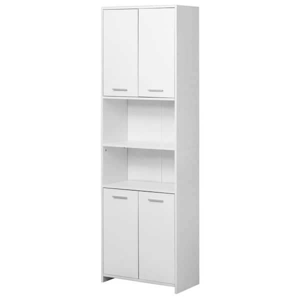 Basicwise Modern White Standing Bathroom Tall Linen Tower Storage Cabinet, Wide