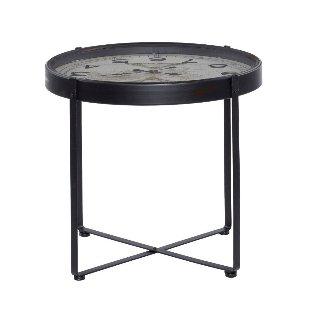 Black Round Metal and Glass Clock Accent Table