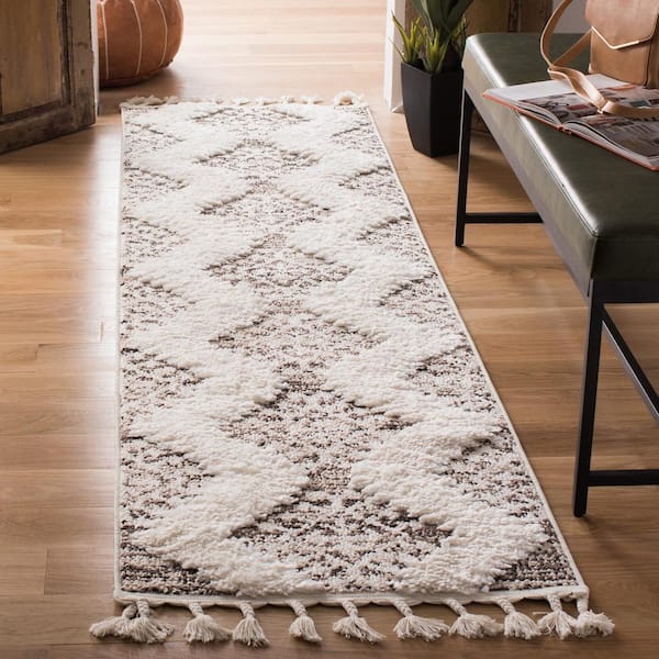 Moroccan Tassel Shag Ivory/Brown 2 ft. x 12 ft. Geometric Runner Rug