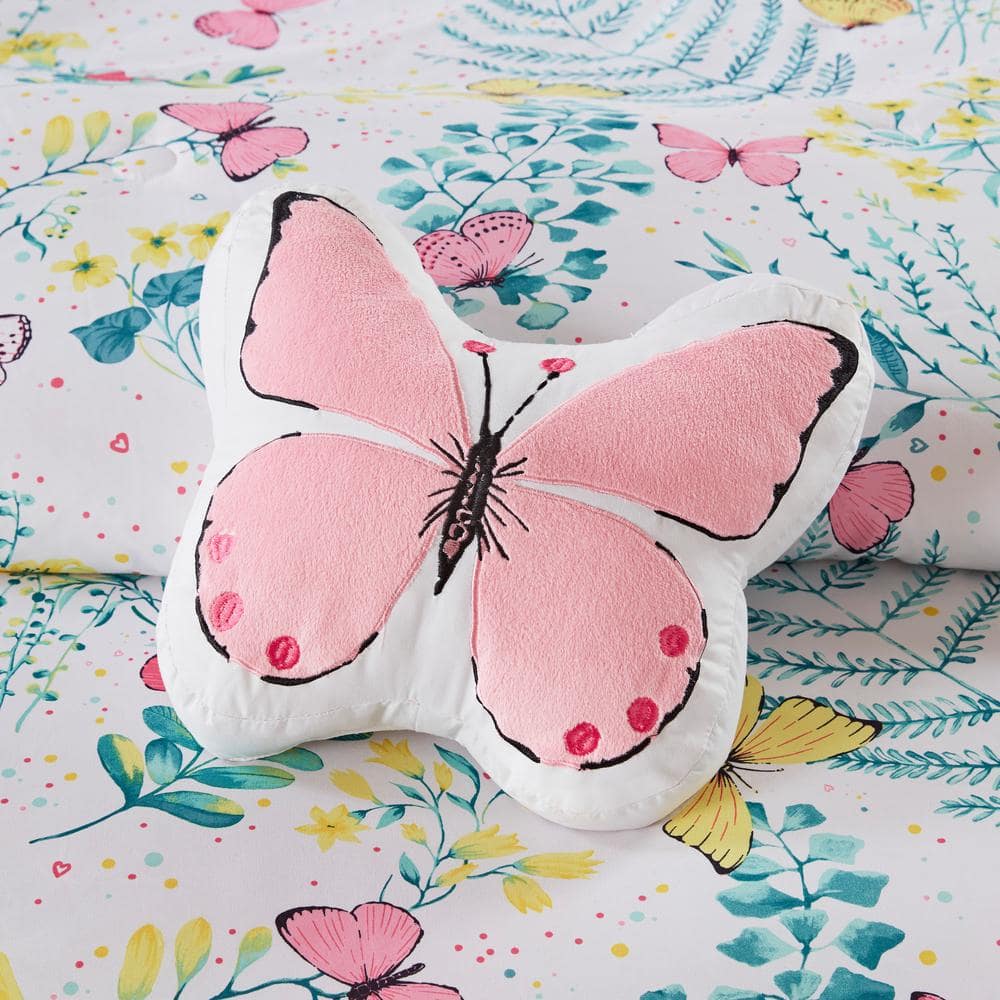 Twin Pink Microfiber Butterfly Comforter Set with Decorative Pillow