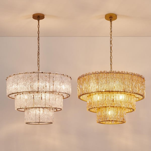 KAWOTI 8-Light Gold 3-Tiered Chandelier Light Fixture with Amber