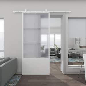 37 in. x 84 in. 3/4 Lite Frosted Glass White Finished Composite Sliding Barn Door with Hardware Kit