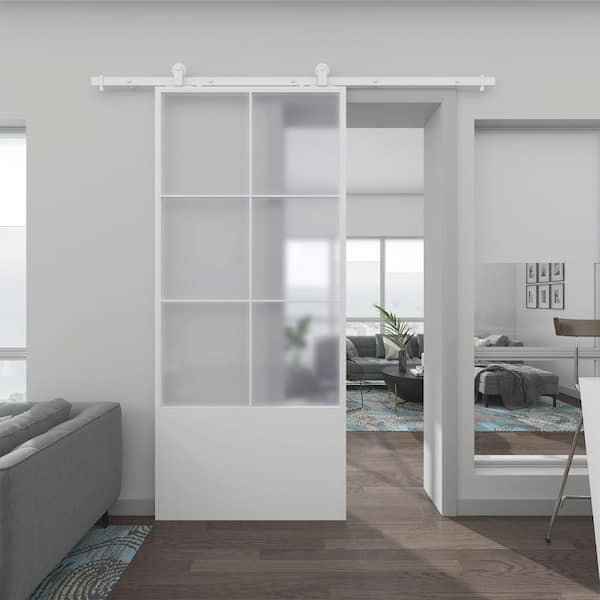 Indoor Studio 37 in. x 84 in. 3/4 Lite Frosted Glass White Finished Composite Sliding Barn Door with Hardware Kit