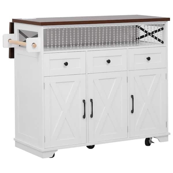 Unbranded Farmhouse 46.5 in. White 3-Drawer Cabinet Unit with Drop Leaf, Power Outlet and Locking Wheels for Outdoor Kitchen