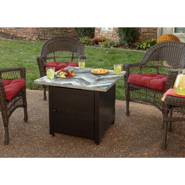 30 in. W x 25.4 in. H Square Steel Frame and Wood Grain Print Resin Mantel LP Gas Fire Pit with Integrated Ignition