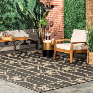 Claudia Tribal Striped Fringe Charcoal 5 ft. x 8 ft. Indoor/Outdoor Patio Area Rug