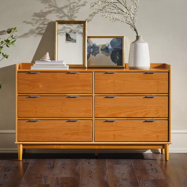 Walker Edison Furniture Company Mid-Century Modern Caramel 6-Drawer 53.5 in. Gallery-Top Dresser