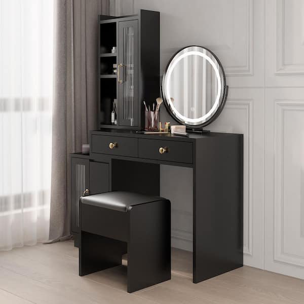 Karl home 2-Piece Black Modern Makeup Vanity Set with Side Cabinet and LED Mirror