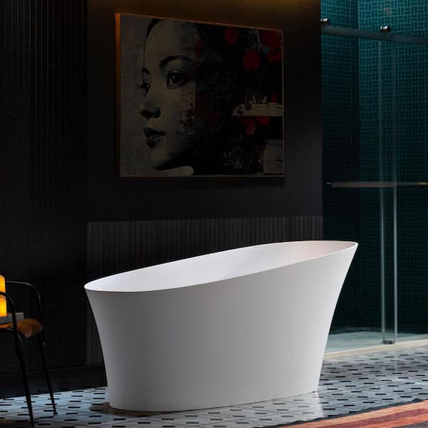 67 in. x 29.5 in. Solid Surface Stone Resin Freestanding Soaking Bathtub with Left Drain in Matte White