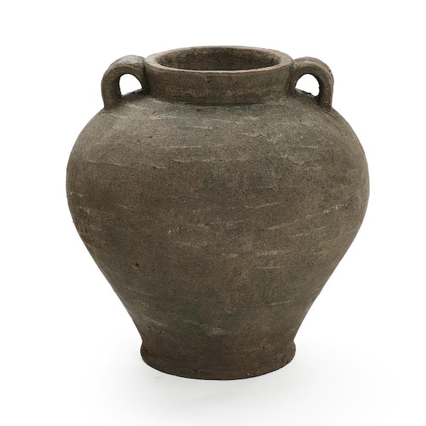 LuxenHome 14.6 in. Rustic Brown Terracotta Cauldron Vase