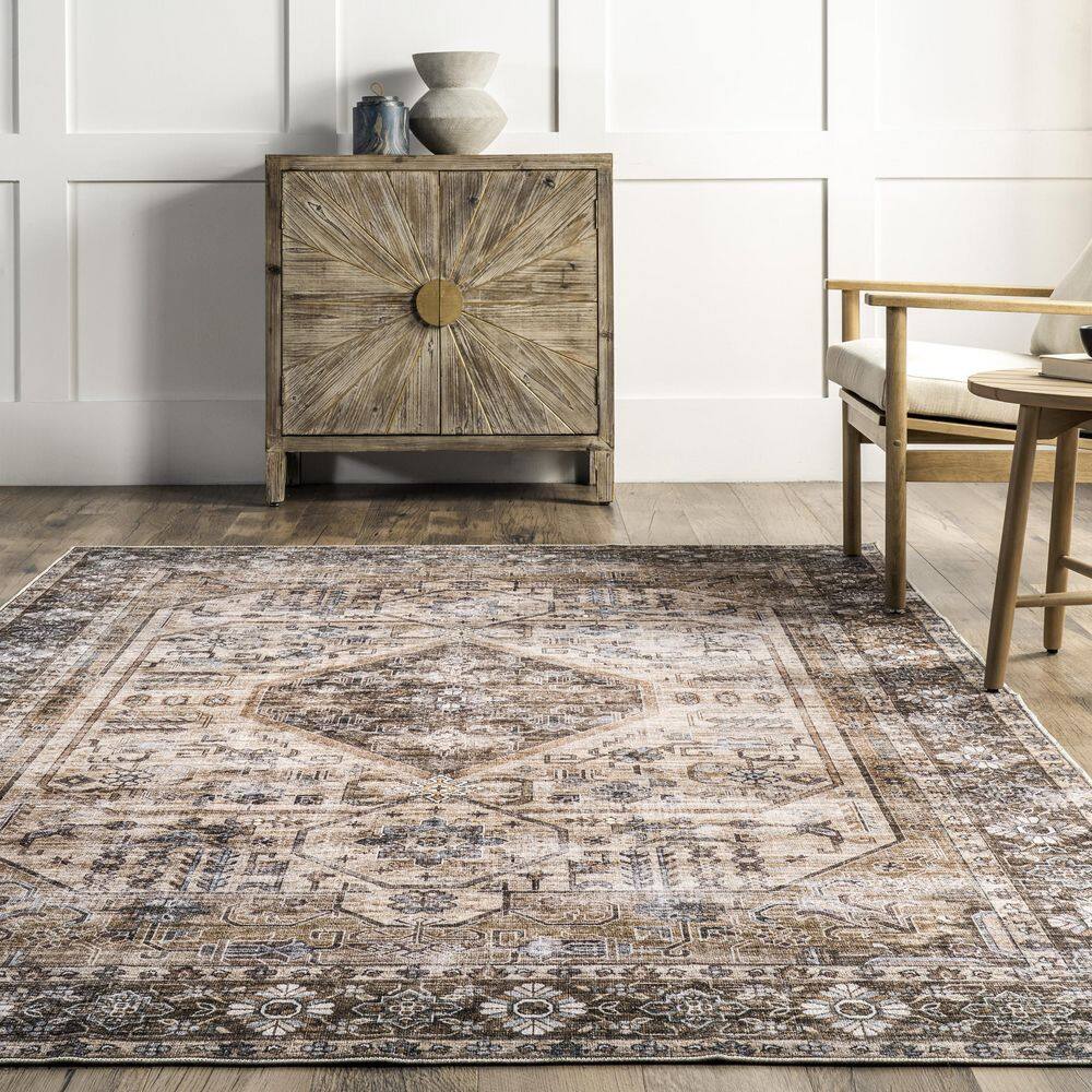 Devin Light Brown Synthetic Medallion 6' x 9' Washable Area Rug