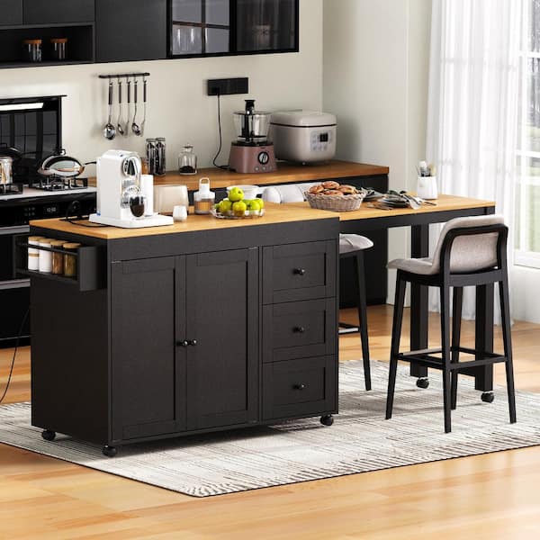 FAMYYT Rolling Black Extendable Wood Dining Tabletop 75 in. Kitchen Island Cart with Power Outlet