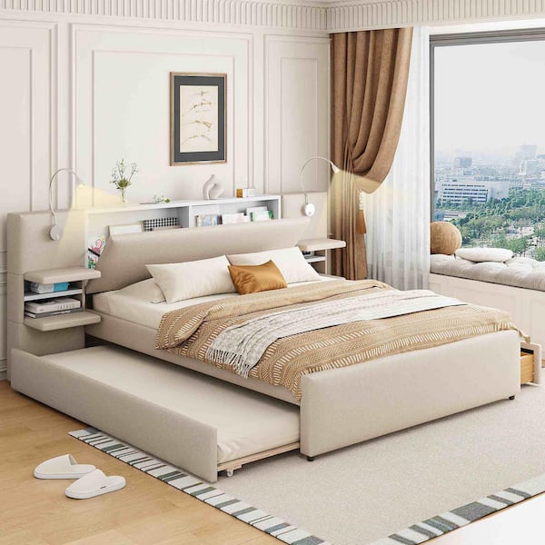 Beige Wood Frame Queen Size Platform Bed with Reading Lights Drawers, Trundle and Shelves