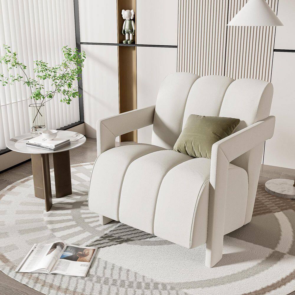 White Fabric Arm Chair,26.3'' Modern Minimalist Leisure Sofa Chair,Reading Chair with L-shaped Armrests for Living Room