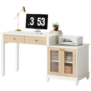 63 in. Rectangular Engineered Wood 2-Drawer Computer Desk with Printer Space for Home Office, White + Light Walnut