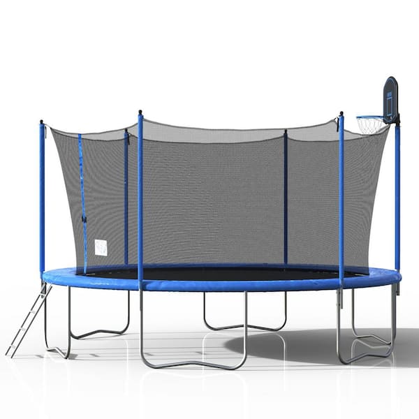 maocao hoom 14 ft. Blue Backyard Trampoline with Safety Enclosure, Basketball Hoop and Ladder