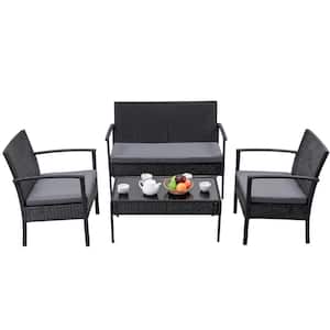 Black 4-Pieces Rattan Wicker Outdoor Sectional Set Furniture Set Loveseat Sofa with Gray Cushions